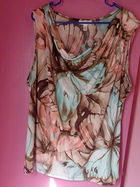 Dress Barn Floral Cowl-Neck Tank in Mint, Coral & Brown